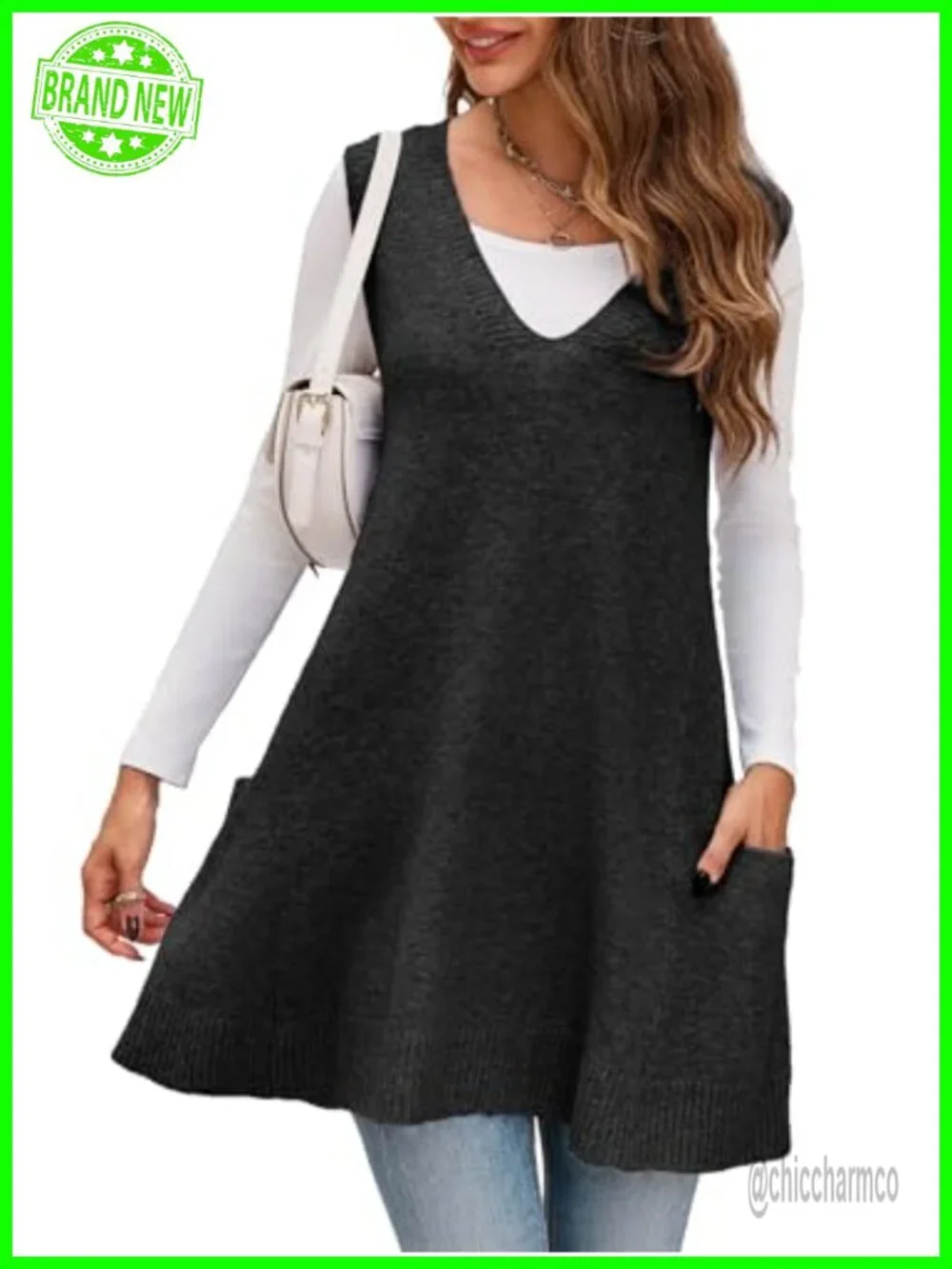 Sleeveless Sweater Vest V Neck Knit A Line Flattering Tunic Top with Pockets